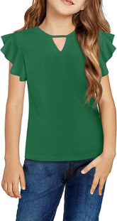Girls Shirts Short Sleeve Tee Ruffle Solid Summer Keyhole Neck Cotton Blouse Tops